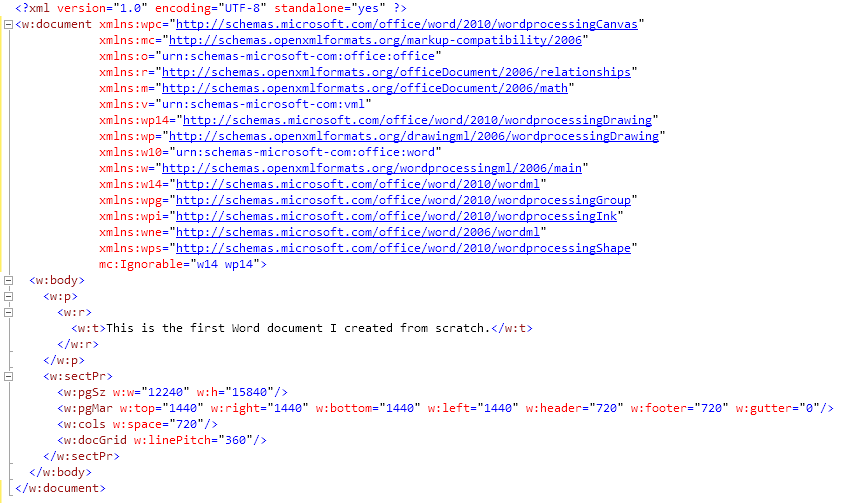 The markup for a simple document.xml part.