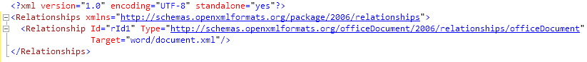 A relationship file for the top level of a simple Word document package.