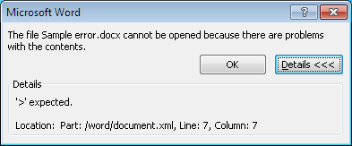 An XML error message in Word 2010.