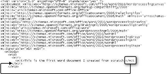 A snippet of document.xml markup shown with a missing bracket at the end of a closing tag for a text string.