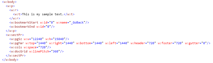 The markup for the body portion of a simple document.xml file.