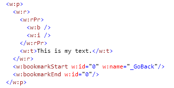 A paragraph of text markup in a document.xml file, containing direct font formatting.