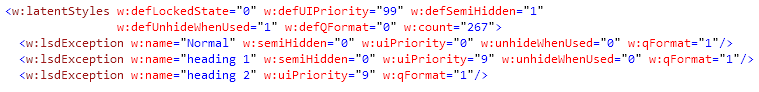 Visibility and priority settings shown in the latent styles list in styles.xml.