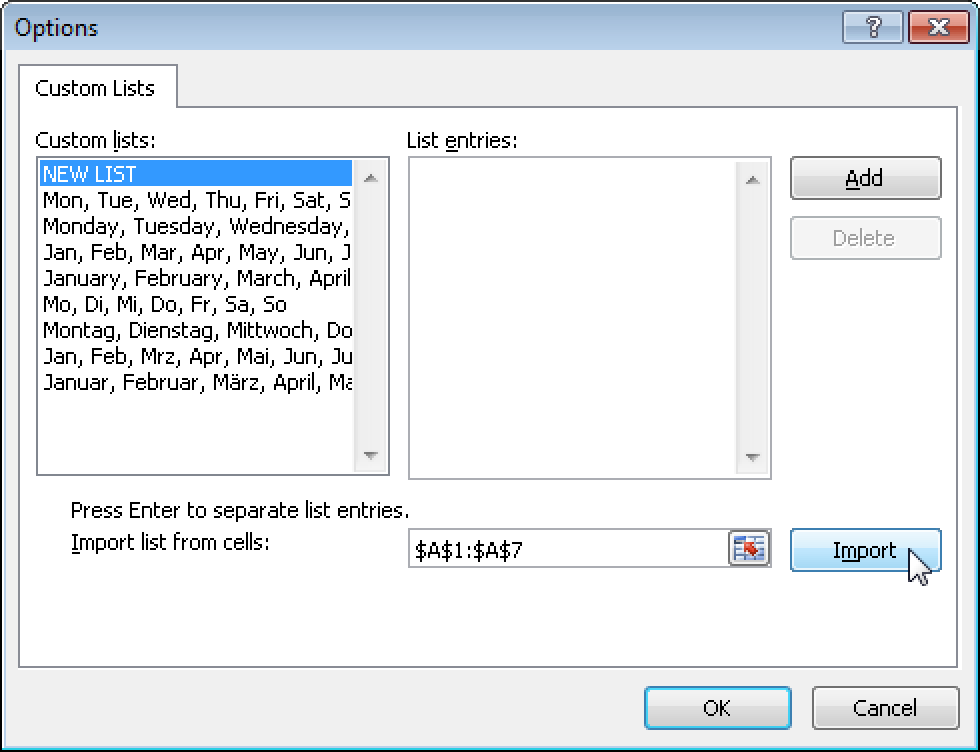 Specifying the cell range to be imported.