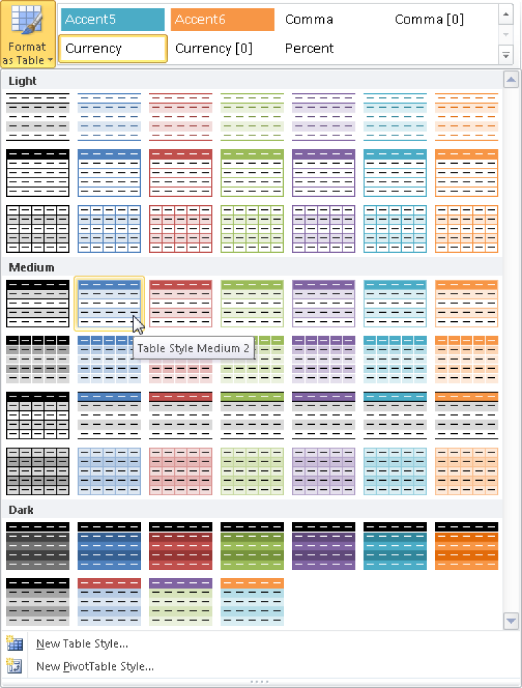 Table formats in Excel 2007 and Excel 2010.