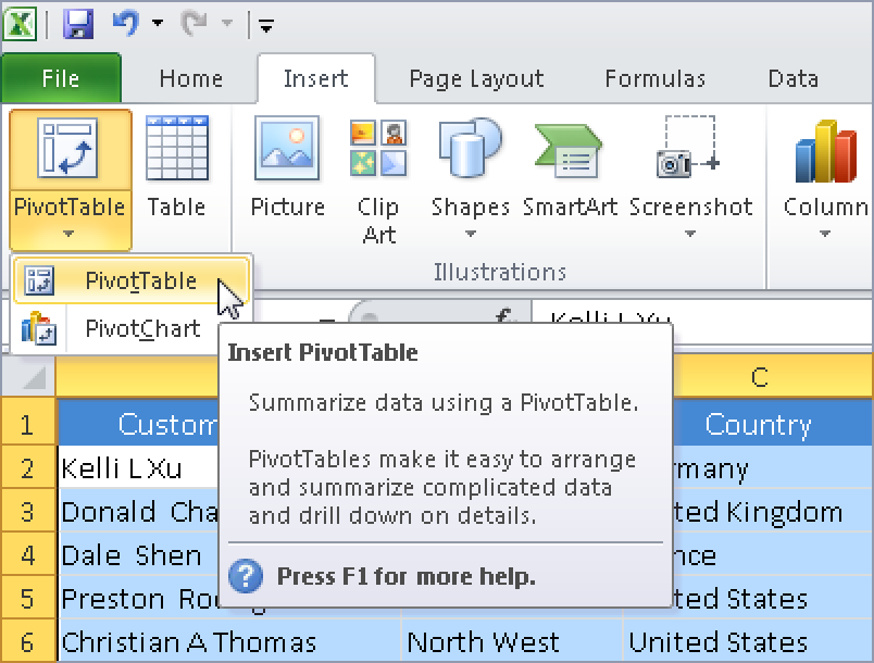 Creating a PivotTable.