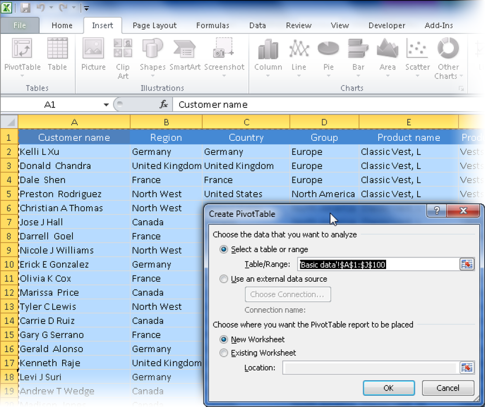 Choosing where to place the PivotTable.