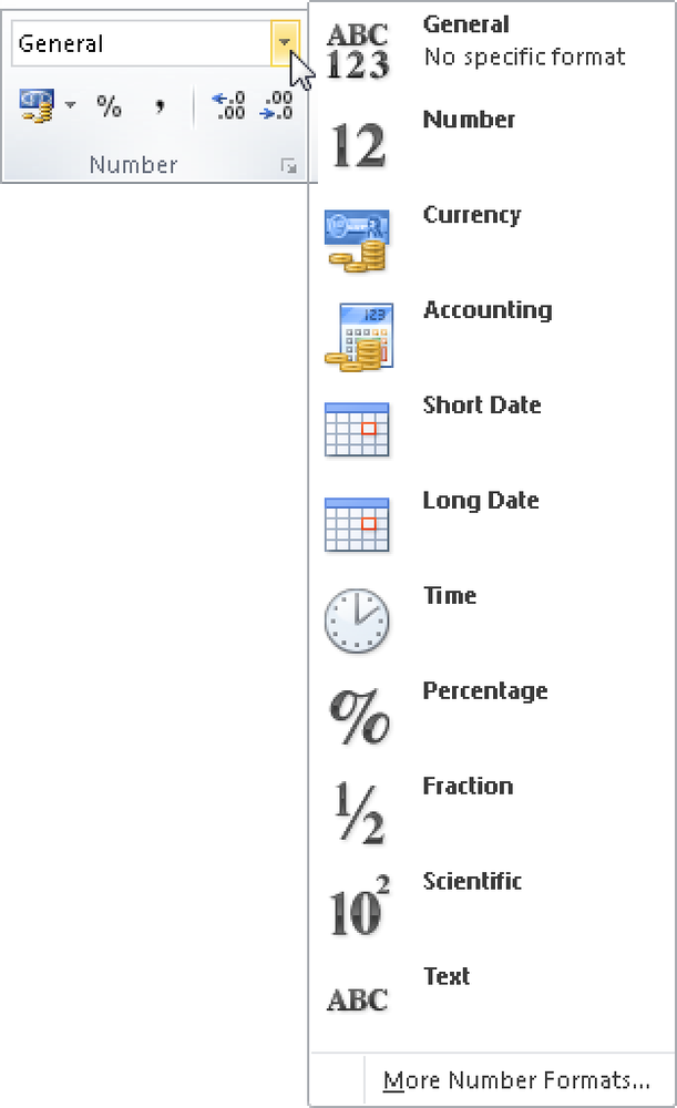 Number format selection on the Home tab of Excel 2007 and Excel 2010.