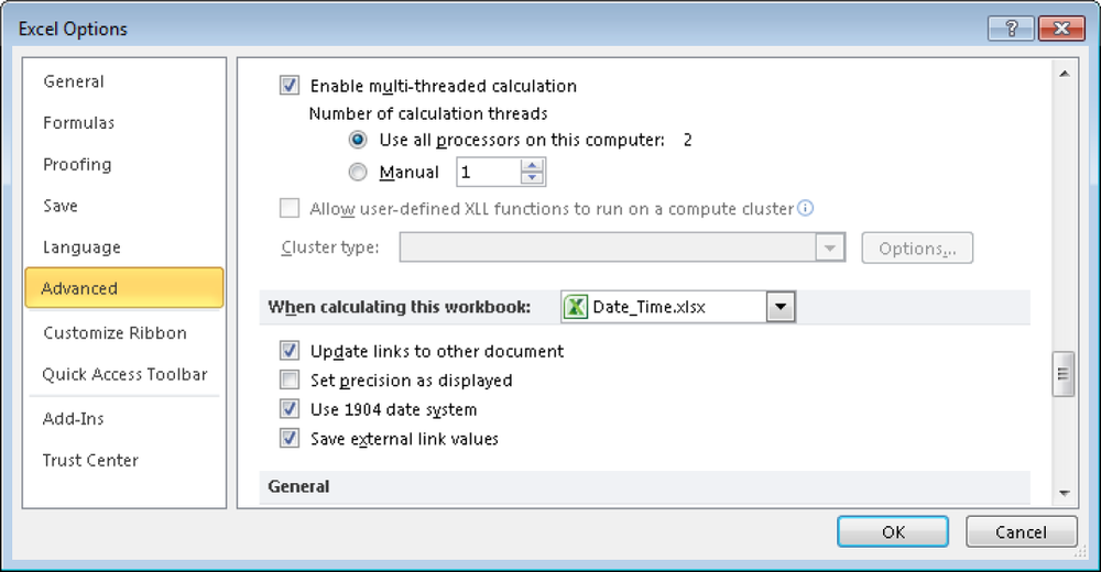 Changing to the 1904 date system in Excel 2007 and Excel 2010.