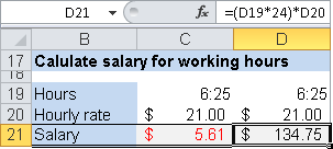 Multiplying the hours by the hourly salary returns the wrong result in C37.