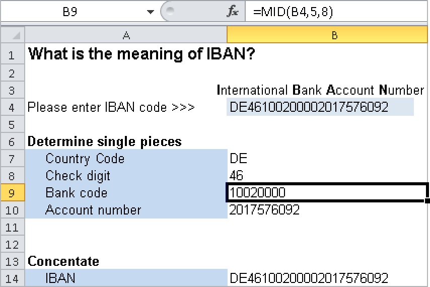 Separating out the IBAN parts by using the MID() function.