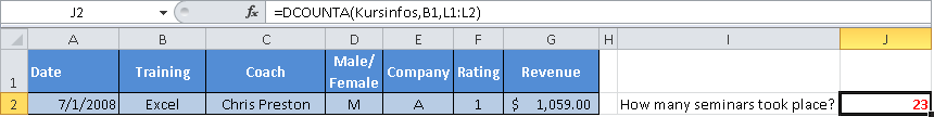 Calculating the number of Excel seminars in the database.