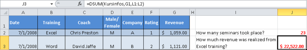 Calculating the revenue generated by Excel seminars.