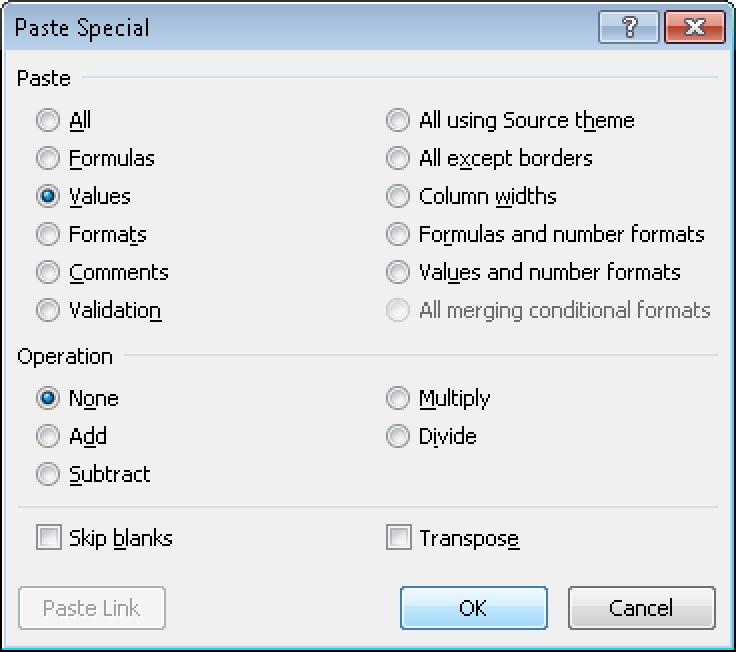 The Paste Special dialog box provides several useful options.