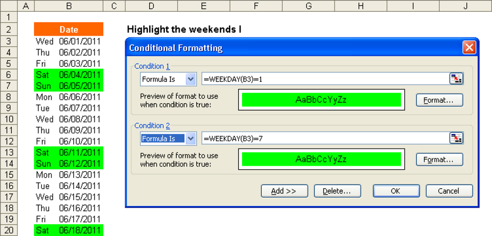 Using the WEEKDAY() function for conditional formatting in Excel 2003.