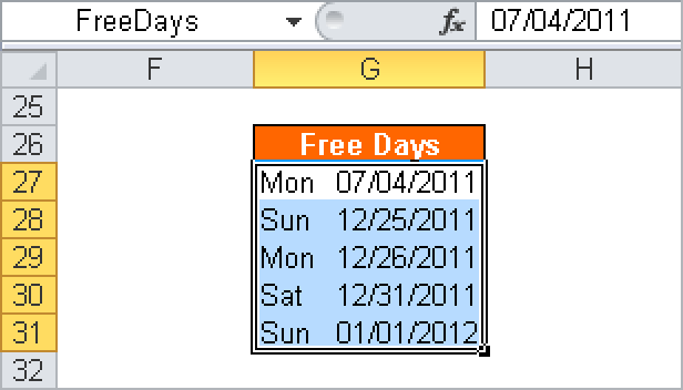 The list with the free days has the name FreeDays.