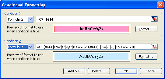 The first condition is for the result cell, and the second condition is for the leader lines.