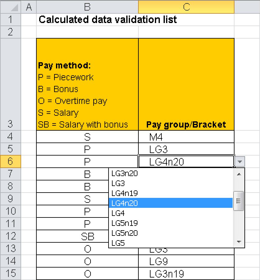 The selection list depends on the selected pay method.