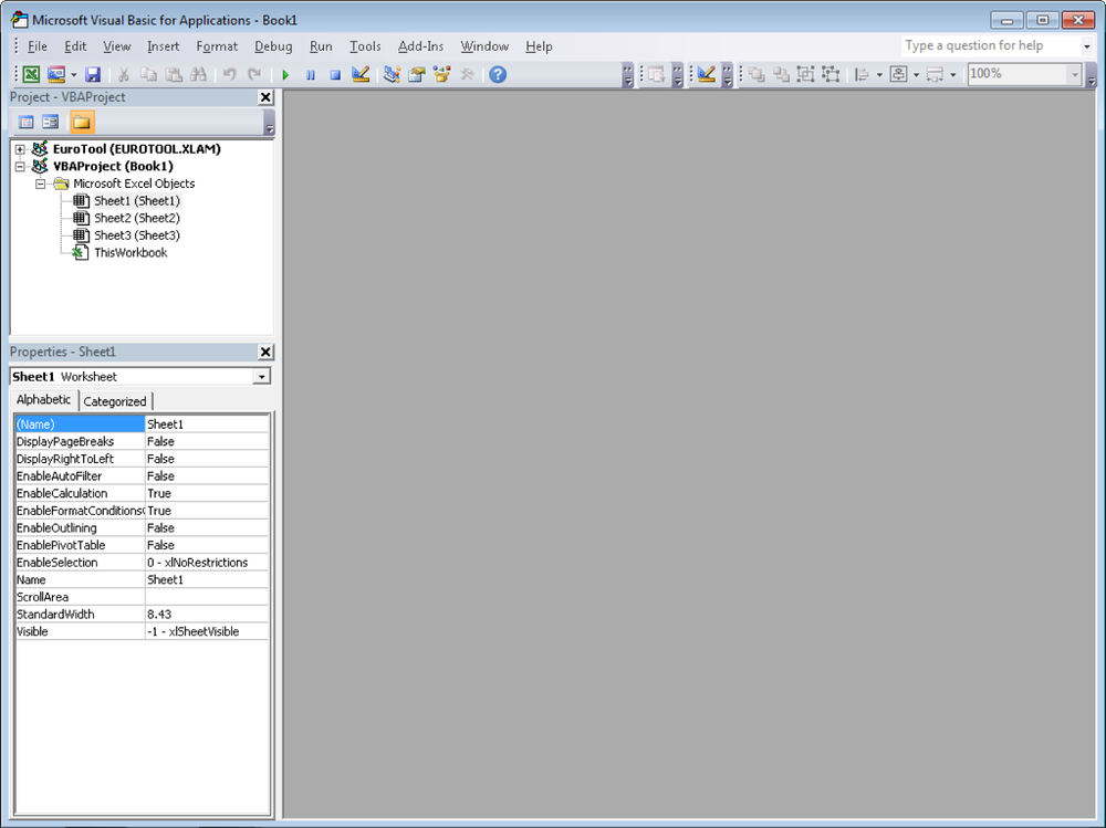 The Visual Basic Editor’s opening screen (Excel 2010).