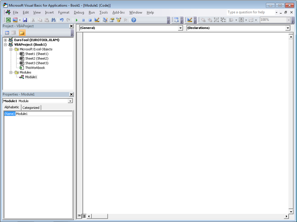 The Visual Basic Editor with a new but still empty module.