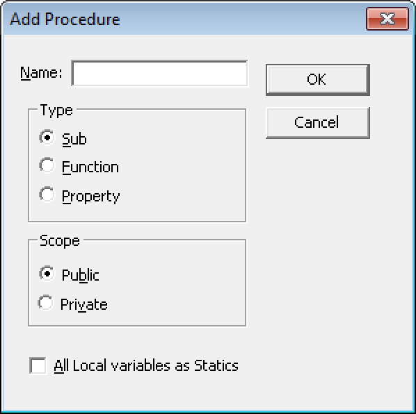 The Add Procedure dialog box with the default settings.