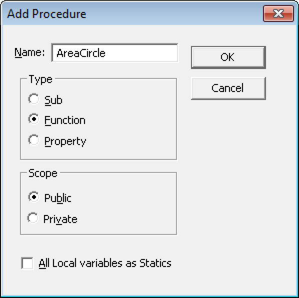 The Add Procedure dialog box with the information required for the function declaration.