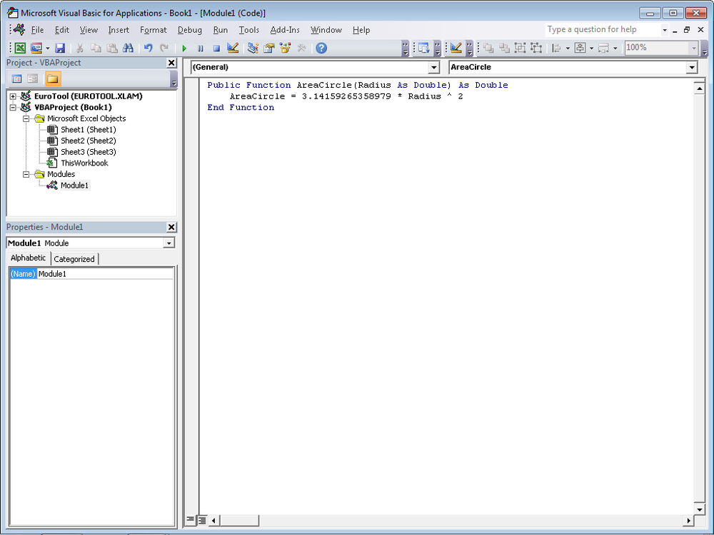 The Visual Basic Editor with the AreaCircle() procedure.