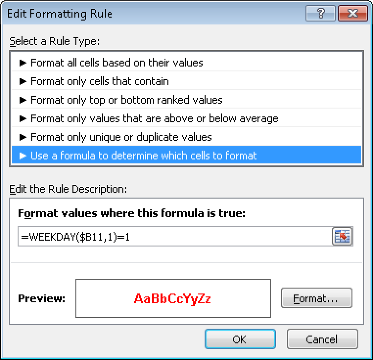 Marking all Sundays by using the conditional formats in Excel 2007 and Excel 2010.