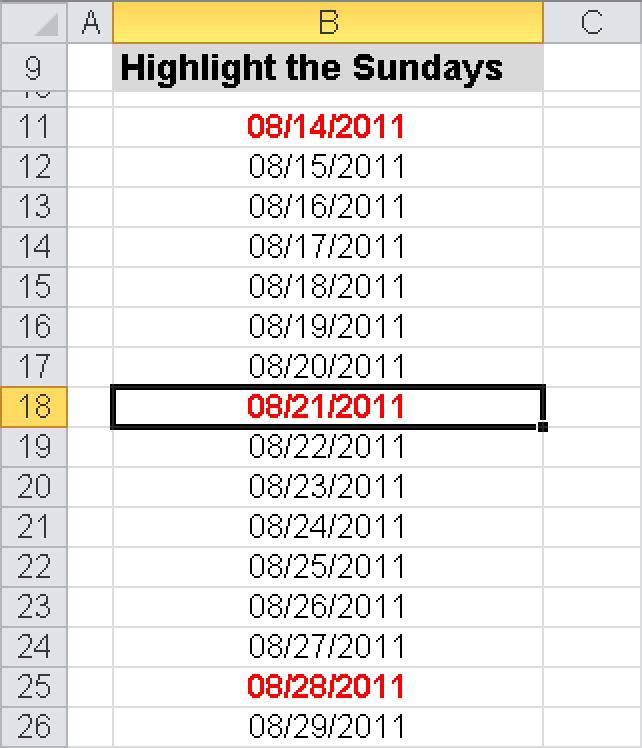 The Sundays in the date column are formatted in bold and red by using conditional formats.