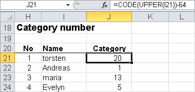 Calculating the category number from the first letter.