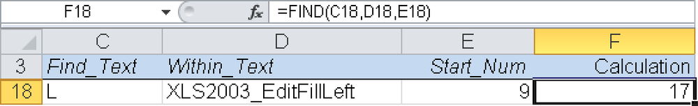 Cell E18 contains the formula =FIND("_",D18)+1, and the result is passed to the second argument.