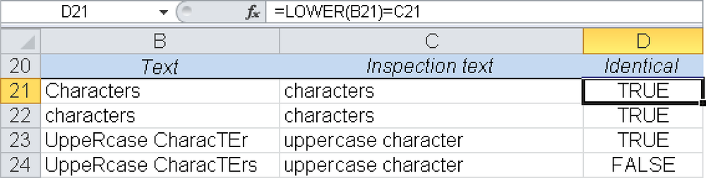 Text comparison independent of uppercase and lowercase, using the LOWER() function.