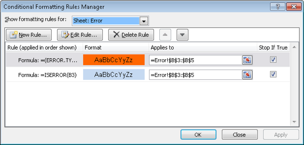 Conditional formats for error information.