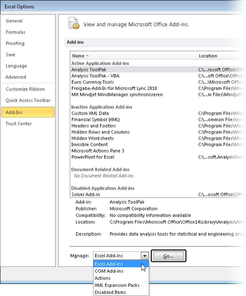 Selecting an add-in in Excel 2010.