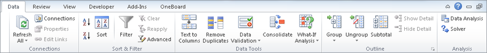 The analysis functions on the Data tab.