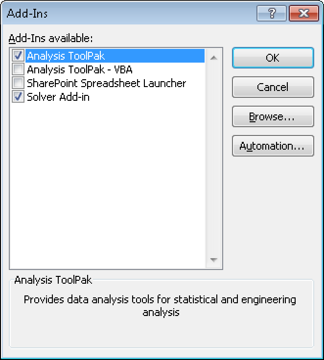 In the Add-Ins dialog box, you need to enable the Analysis ToolPak.