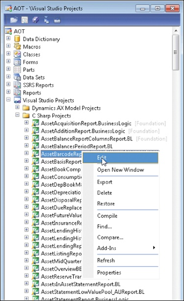 Context menu for Visual Studio projects that are stored in the AOT.