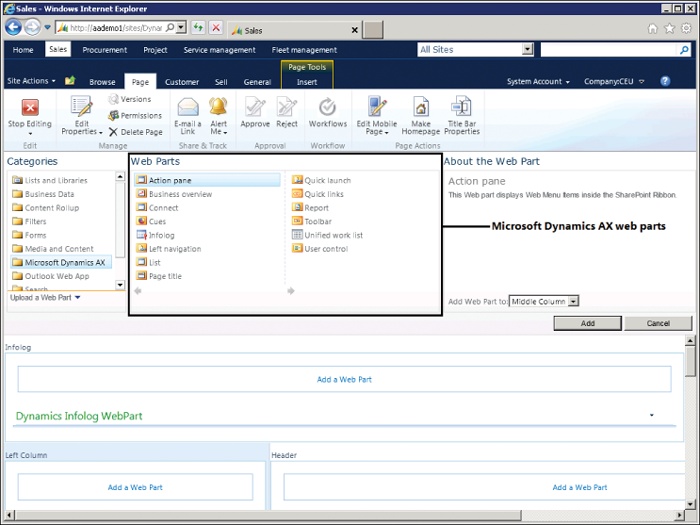 Adding Microsoft Dynamics AX web parts to a page.