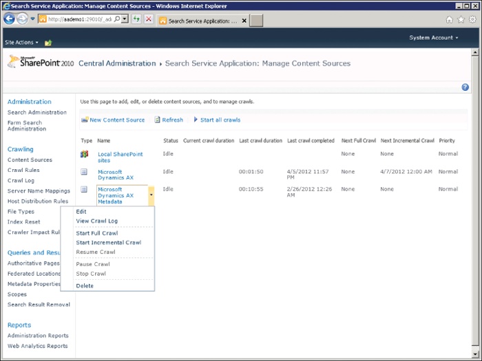 Starting a crawl by using SharePoint Central Administration.