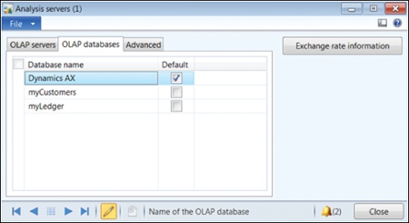 Analysis Servers form specifying the default OLAP database.