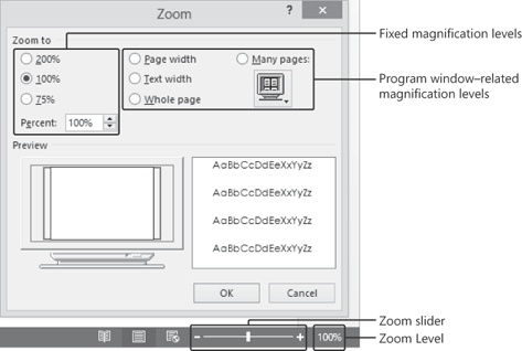 Screen shot of the Zoom dialog box open above the right end of the status bar.