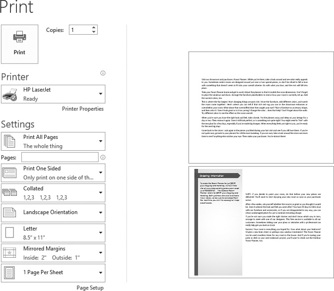 Screen shot of the print settings and document preview on the Print page of the Backstage view.