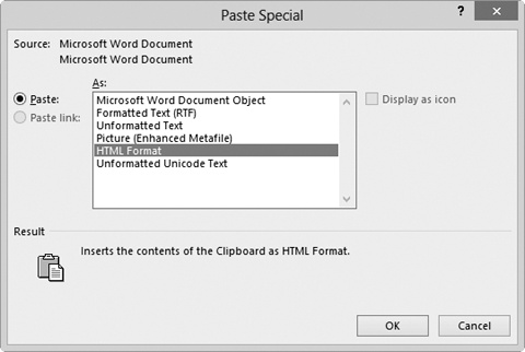 Screen shot of the Paste Special dialog box after copying text.