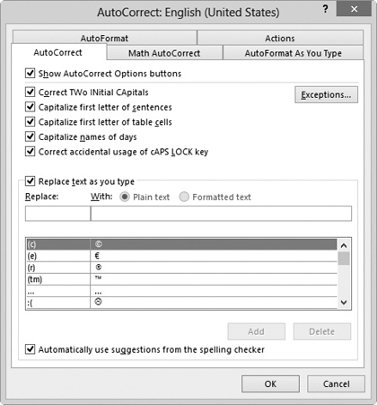 Screen shot of the AutoCorrect dialog box.