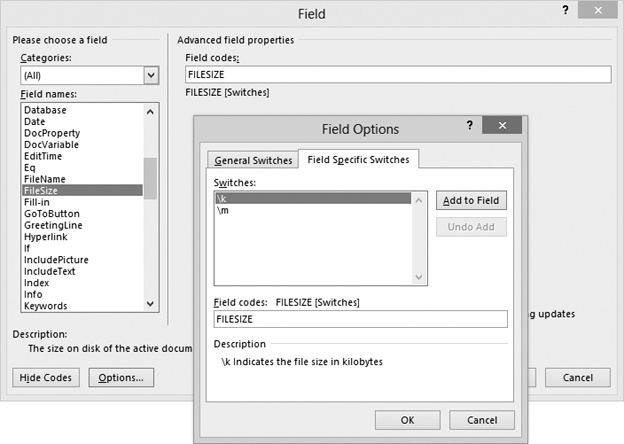 Screen shot of the Field Specific Switches page of the Field Options dialog box on top of the Field dialog box. On the Field Specific Switches page, the k switch is selected and its description appears below.