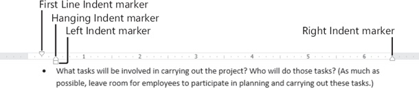 Screen shot of the horizontal ruler and a bulleted list paragraph. Indent markers on the ruler indicate the various indents associated with the bulleted list paragraph.