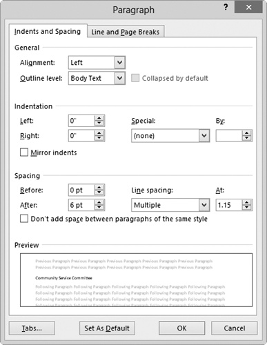 Screen shot of the Indents And Spacing page of the Paragraph dialog box, which contains settings for alignment, outline level, indentation, and spacing, a preview pane, and the Tabs and Set As Default buttons.