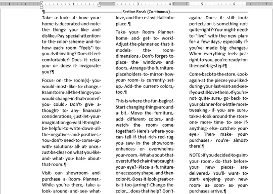 Screen shot of a document section formatted in columns, with the column indentation and spacing shown on the horizontal ruler.