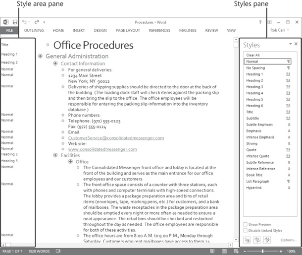 Screen shot of a document with the style area pane and Styles pane displayed.