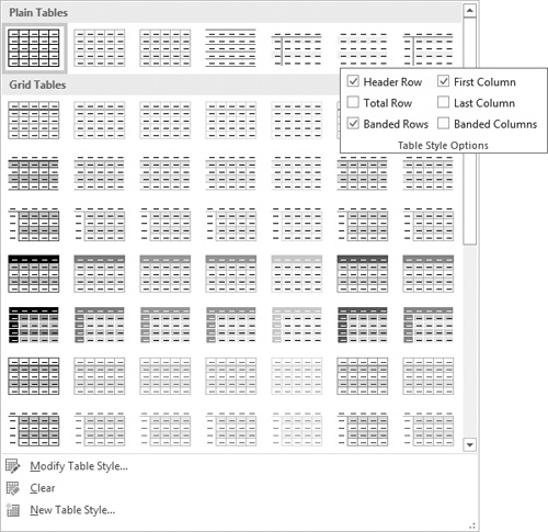 Composite screen shot of the Table Styles gallery and Table Style Options group.